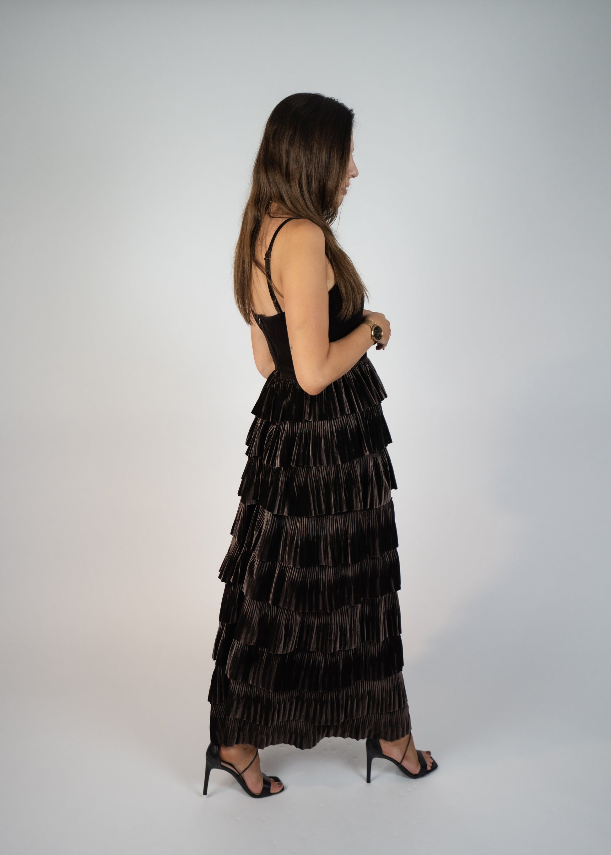 Chocolate VELVET PLEATED TIER DRESS