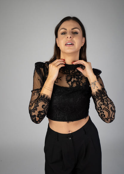 Eden’s Lace Long Sleeve Blouse Top With Pearl Neck