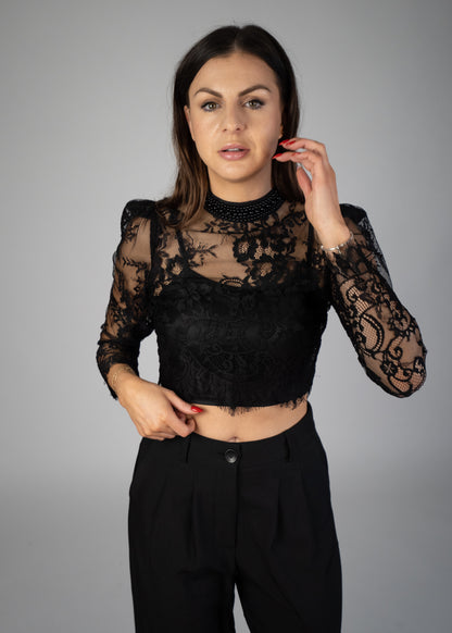 Eden’s Lace Long Sleeve Blouse Top With Pearl Neck