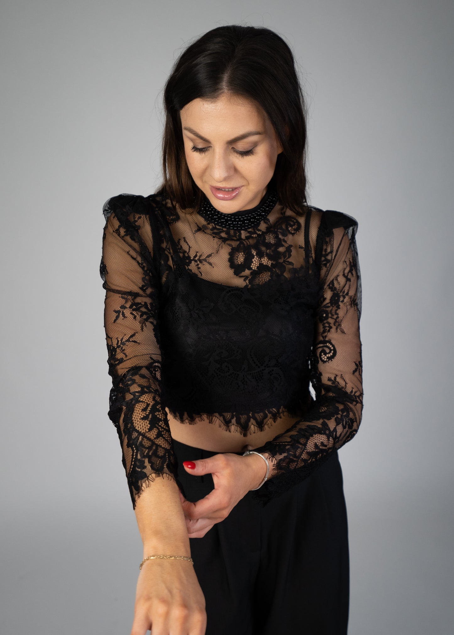 Eden’s Lace Long Sleeve Blouse Top With Pearl Neck