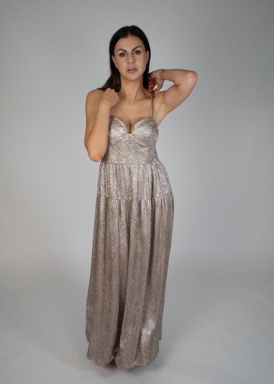 Aurora Textured Metallic Fit-And-Flare Corset Maxi Dress