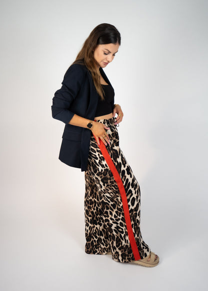 Barcelona Leopard Straight Pants with Red Stripes