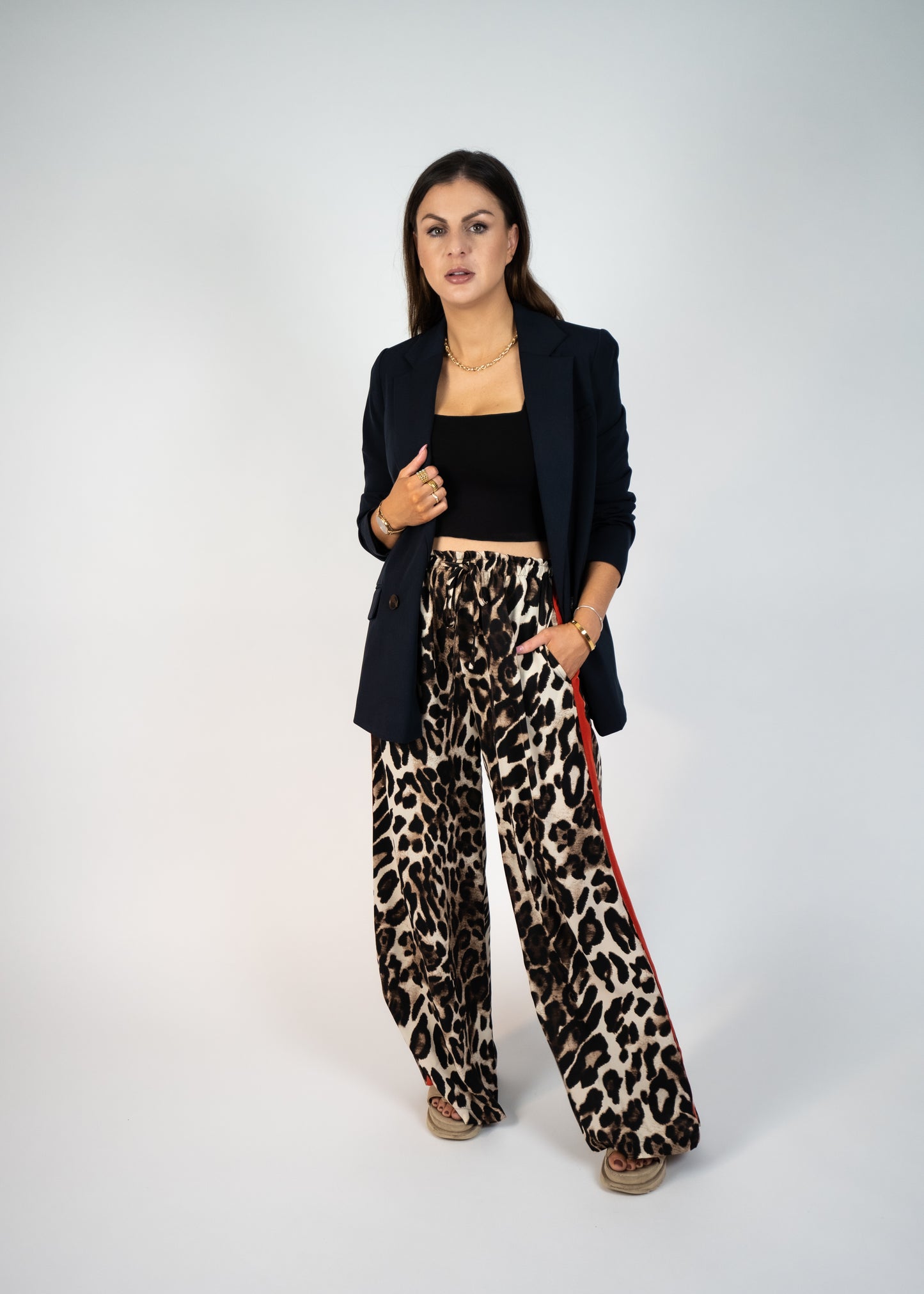 Barcelona Leopard Straight Pants with Red Stripes