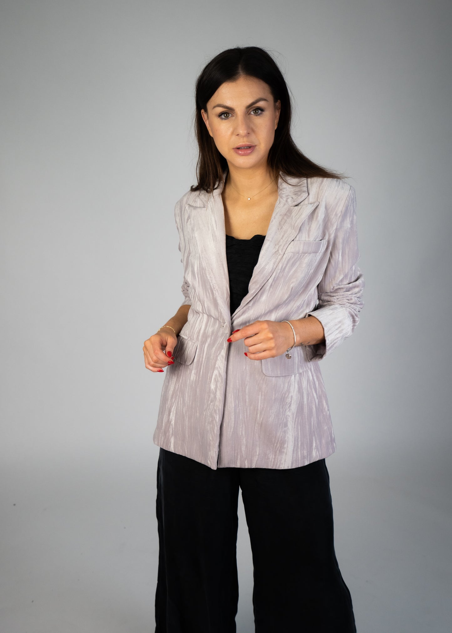 Metallic Crinkle Velvet One-Button Pocket Blazer