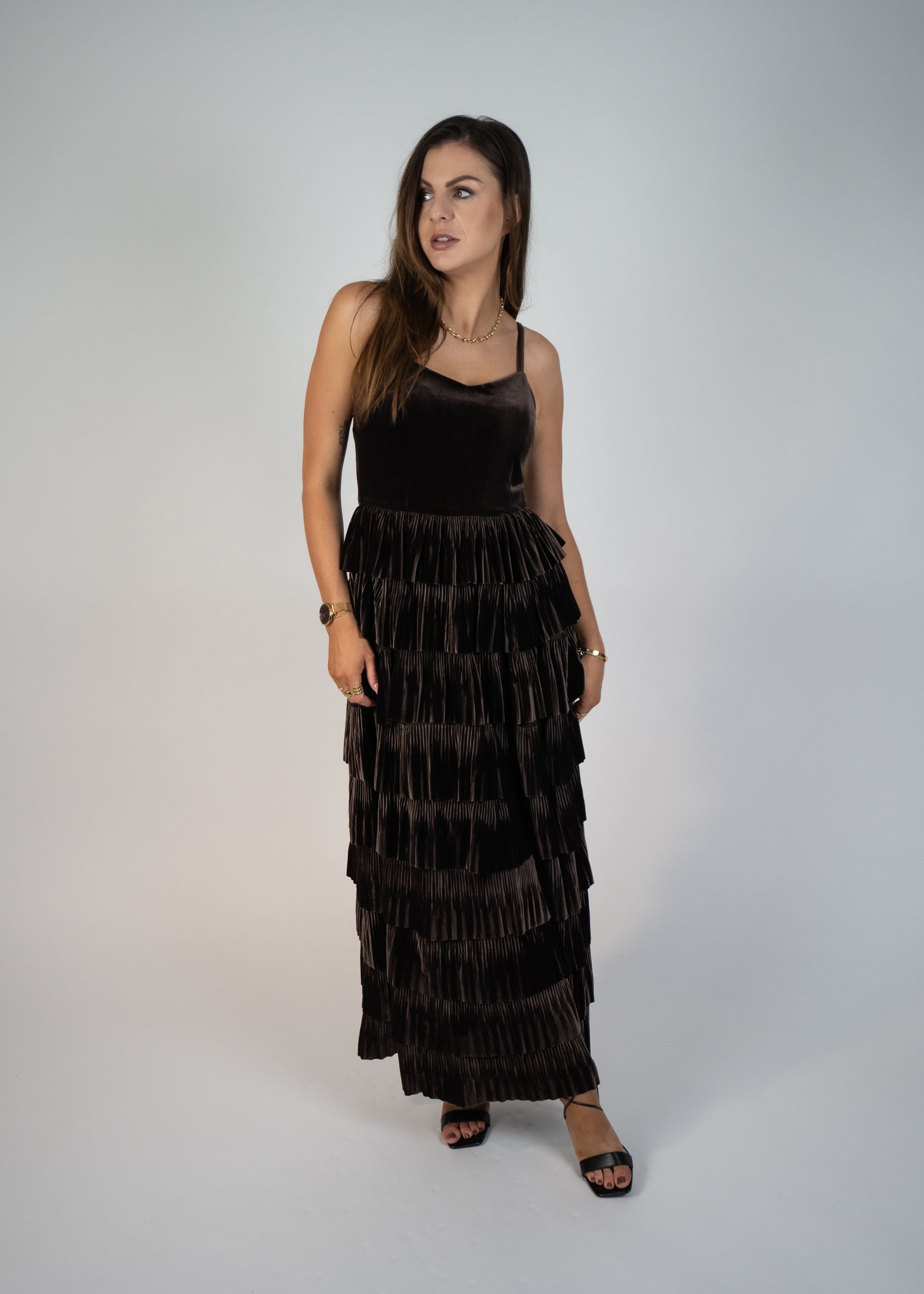 VELVET PLEATED TIER DRESS
