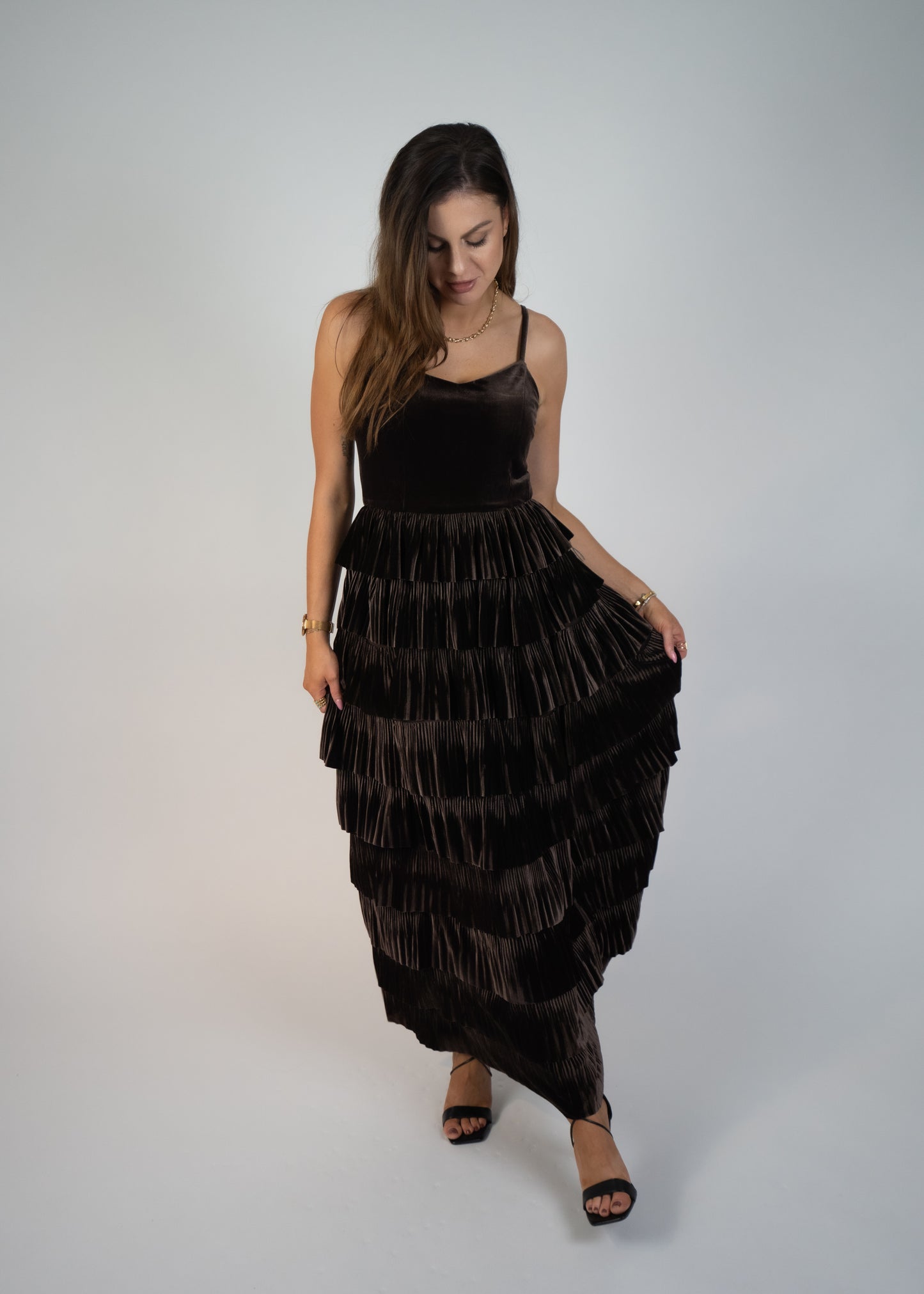 dark brown VELVET PLEATED TIER DRESS